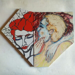 Amanti. Ceramic mosaic and painting on leccese stone, on panel. Cm 68x55x2,5. 2022